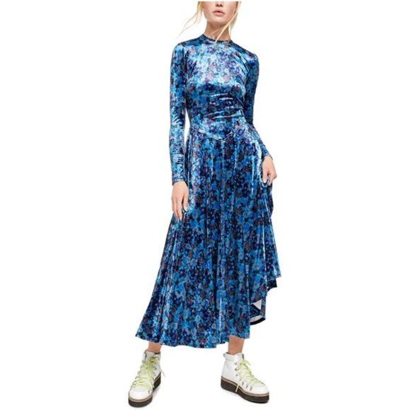 Free People Velvet Midi Dress in Blue Floral - Picture 1 of 3